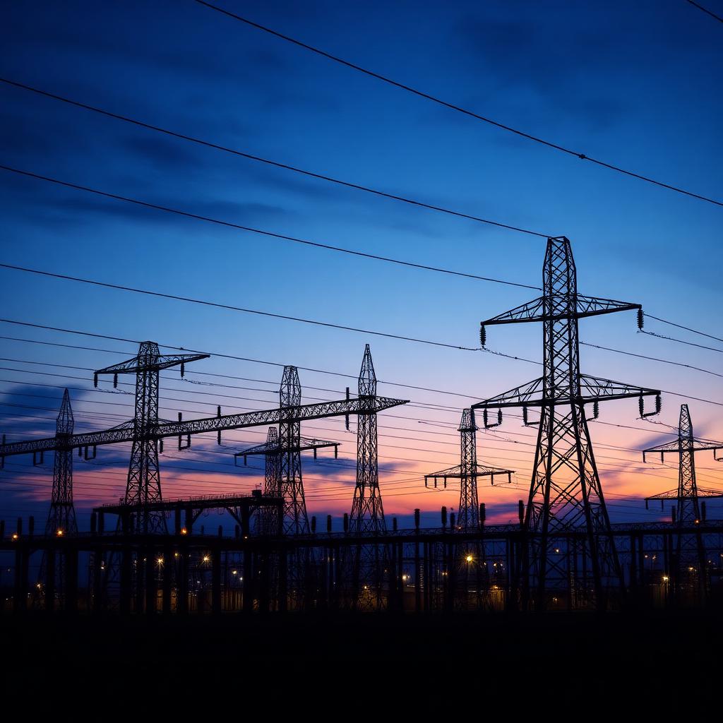 Subestação elétrica de alta tensão ao entardecer